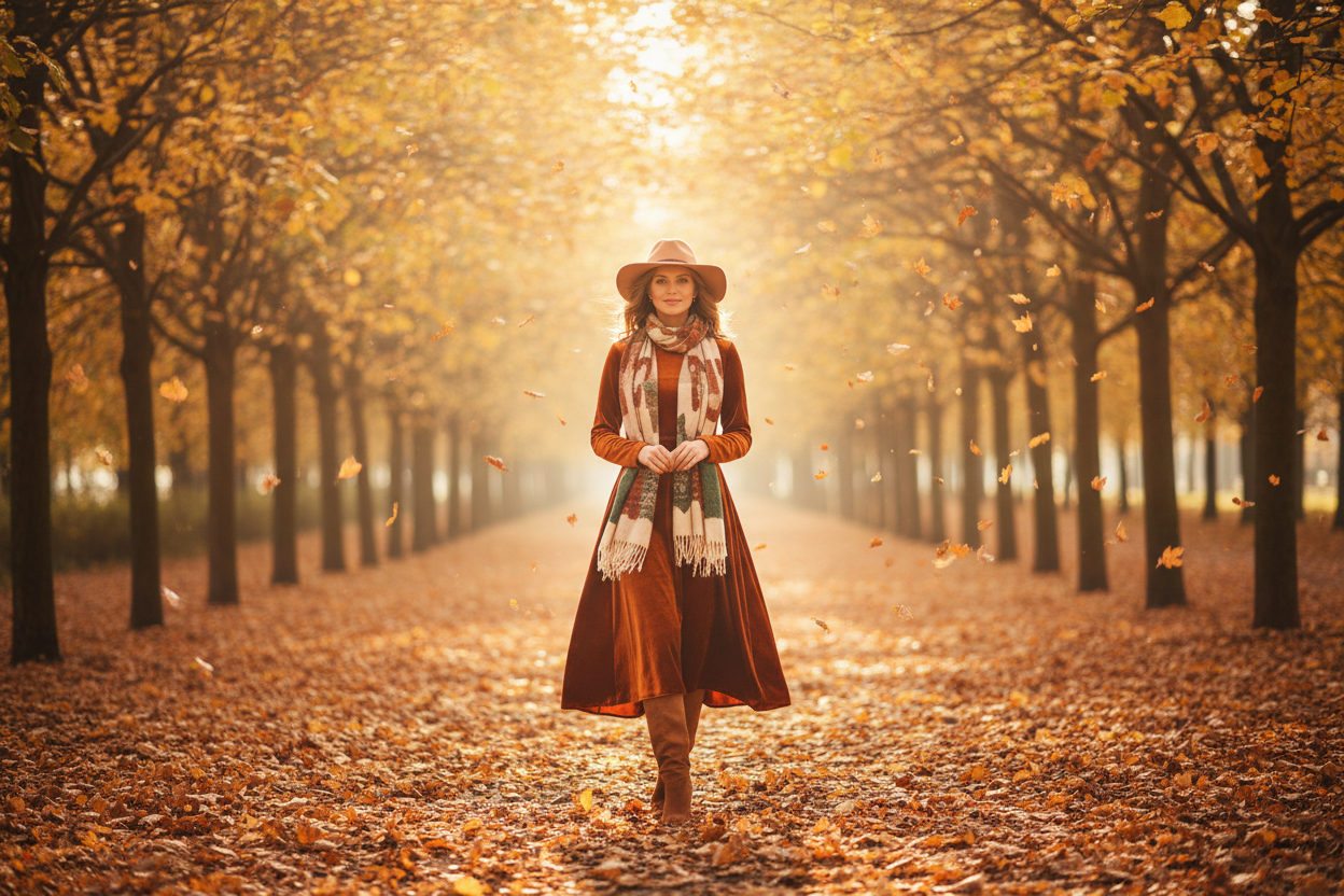 Mujer caminando en arboleda otoñal